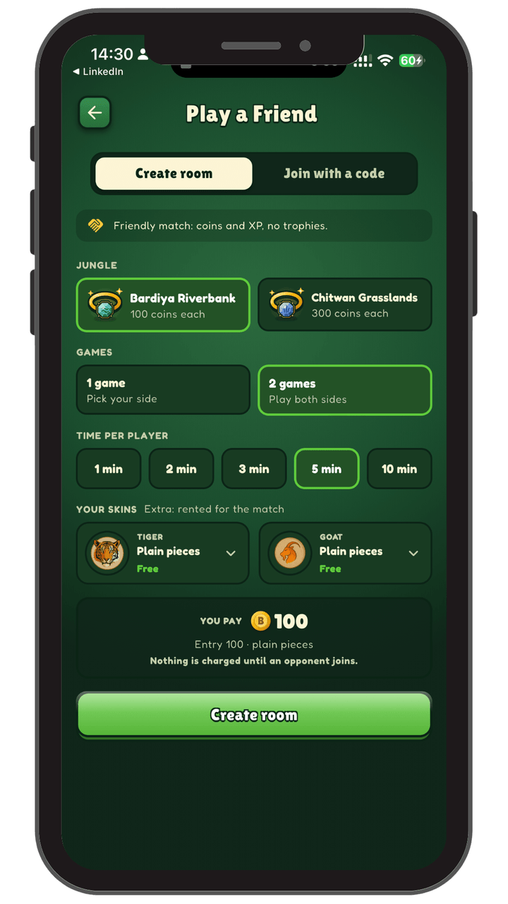 Playing a friend in Baghchal Online with a room code